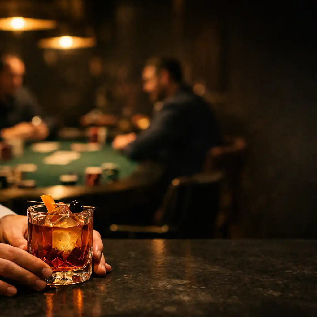 Bar service in a dark venue with green felt poker table details beyond