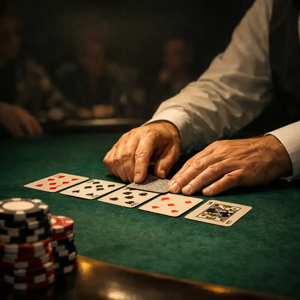 Dealer hands arranging cards on green felt beside poker chips