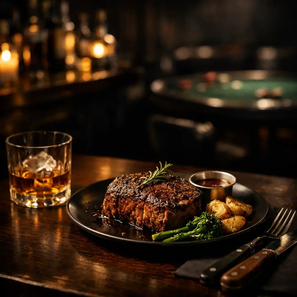 Plated steak on a dark restaurant table before poker