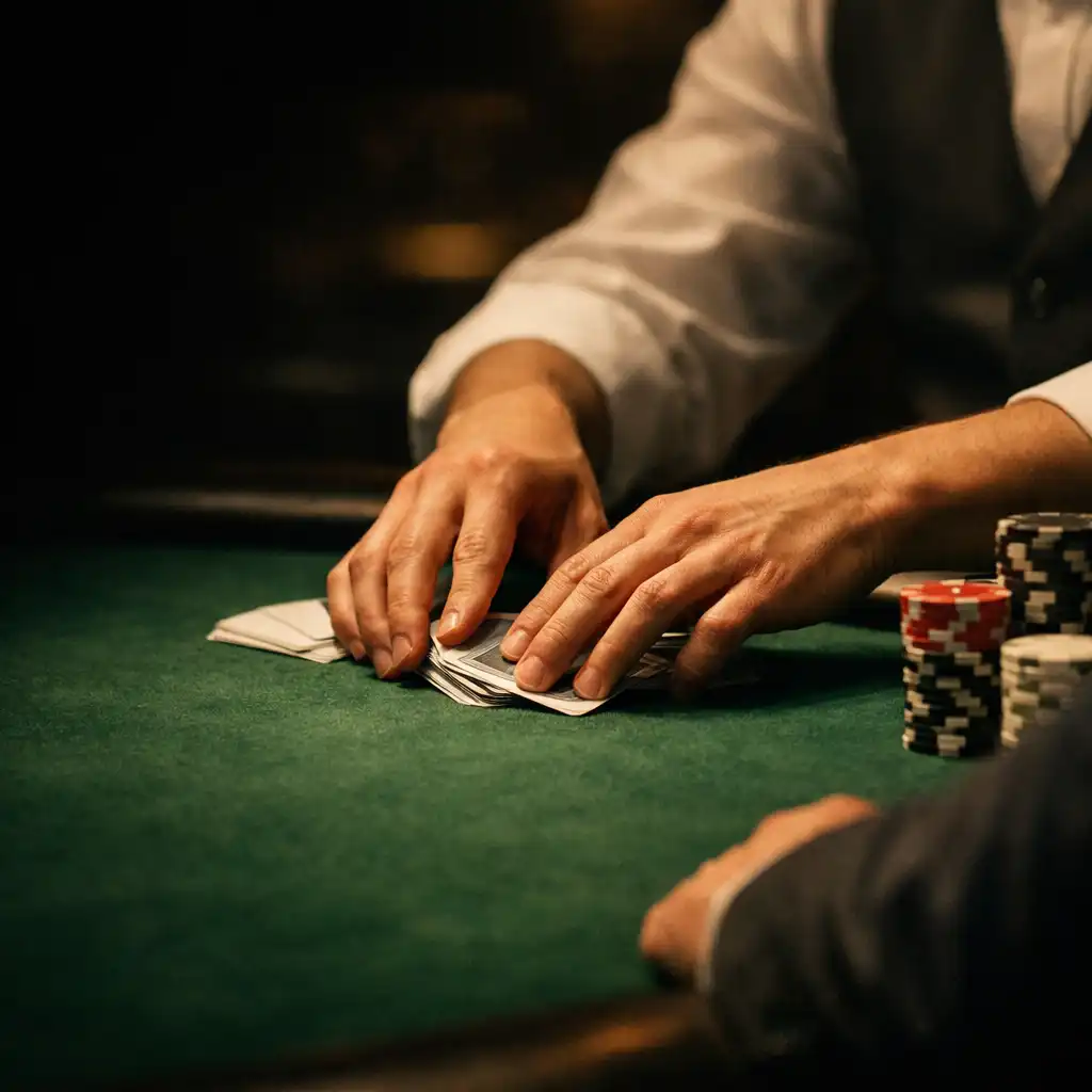 Dealer hands gathering playing cards across green felt at a poker table