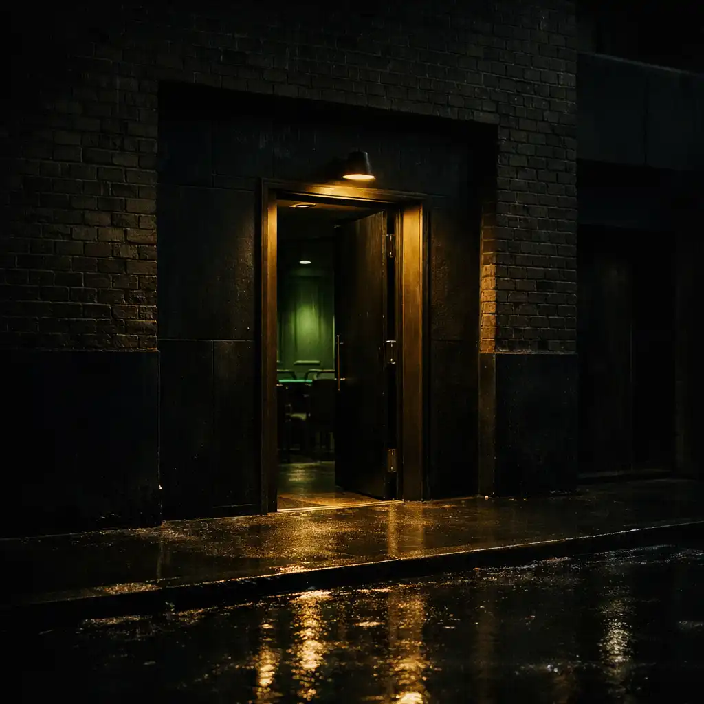Warmly lit card-room entrance detail against dark brick and steel at night
