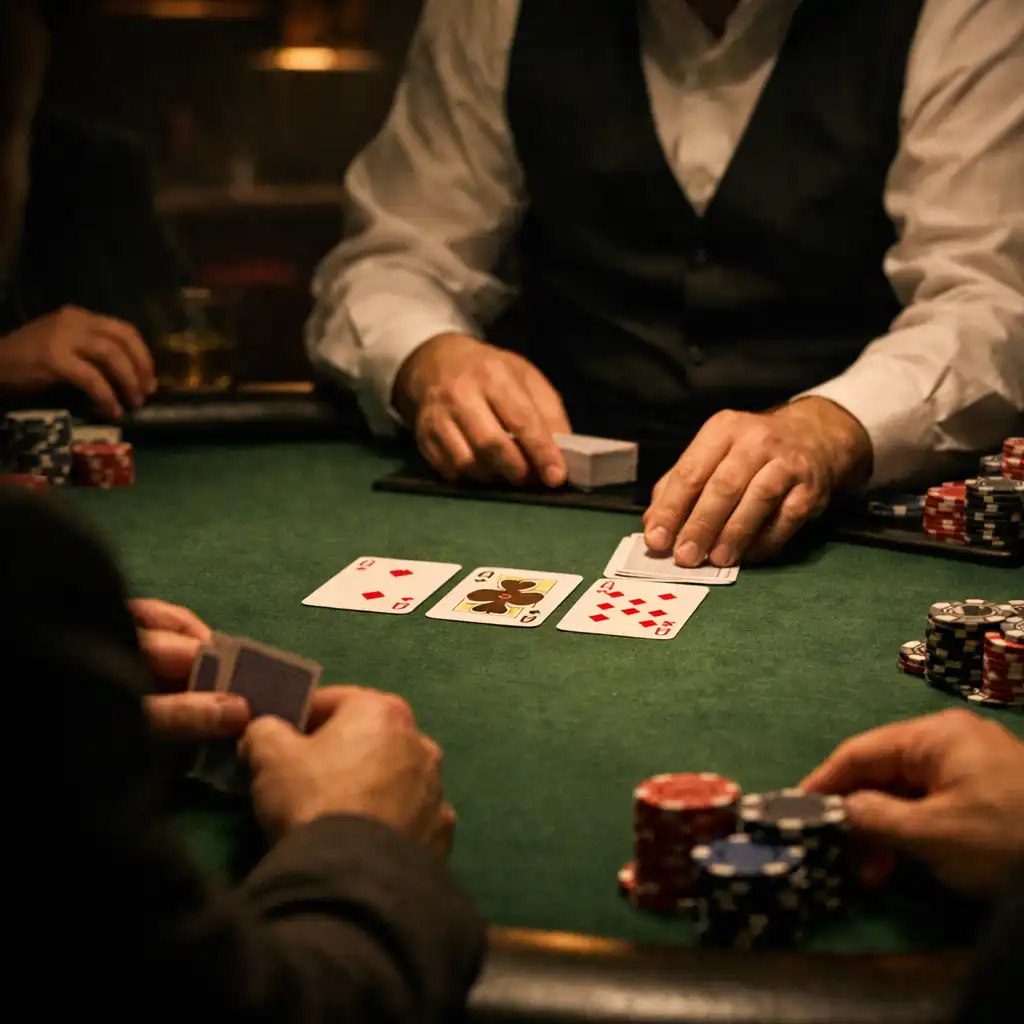Serious players and dealer hands around a green-felt poker table