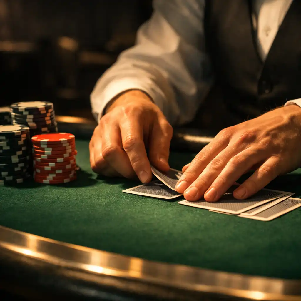 Dealer hands arranging physical cards beside chip stacks on green felt