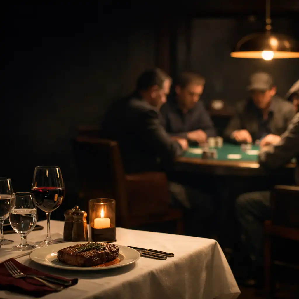 Warmly lit dining table with green felt poker action visible deeper in the venue