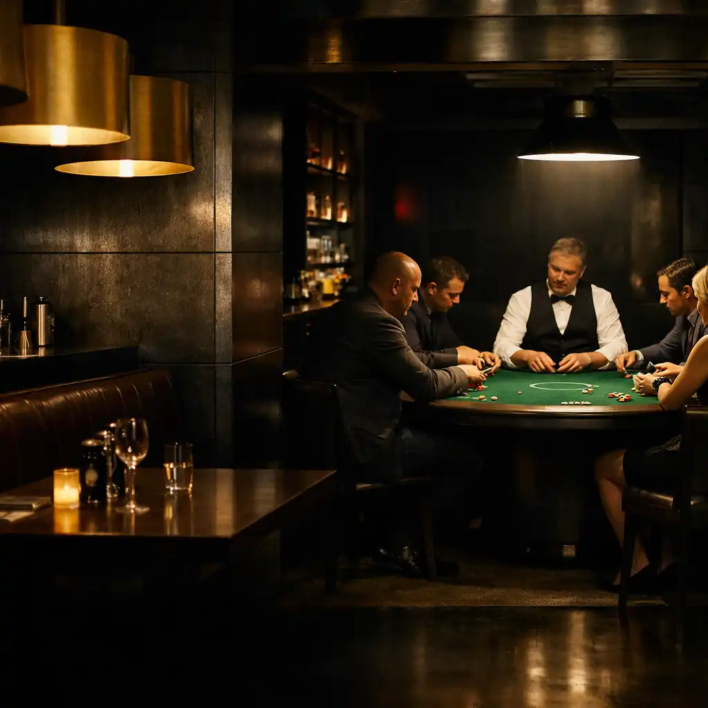 Warmly lit venue interior with a poker table and focused players visible in the room