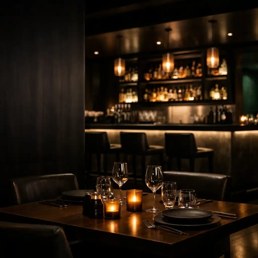 Dark refined restaurant and bar interior with warm table lighting