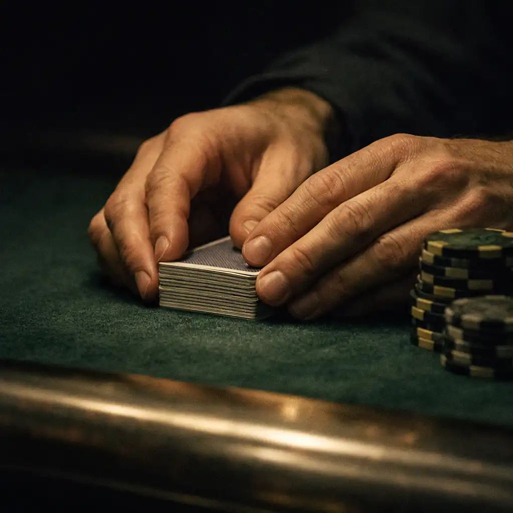 Hands squaring playing cards on a green felt poker table
