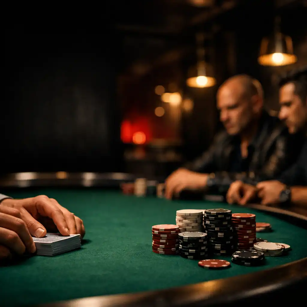 Dealer hands arranging cards on green felt beside poker chips