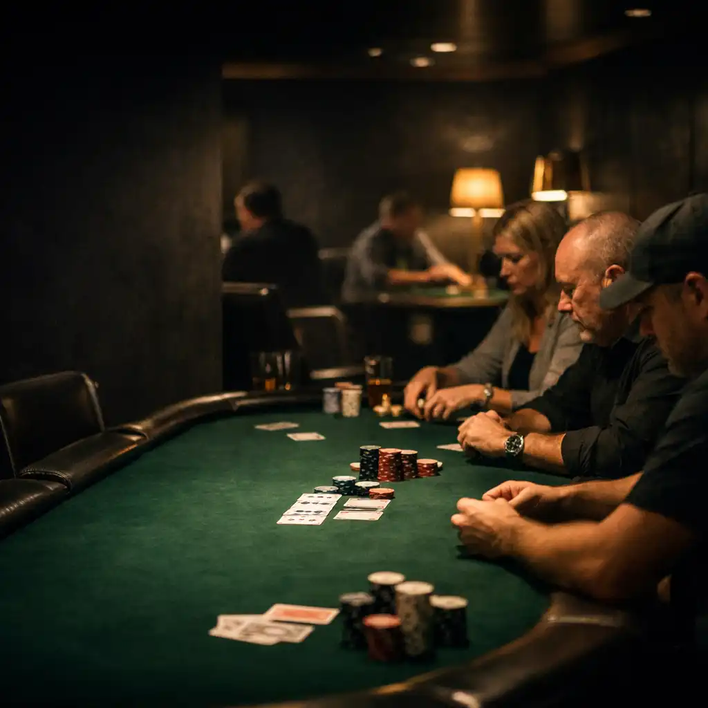 Focused adult players gathered around a green felt poker table in a dark room