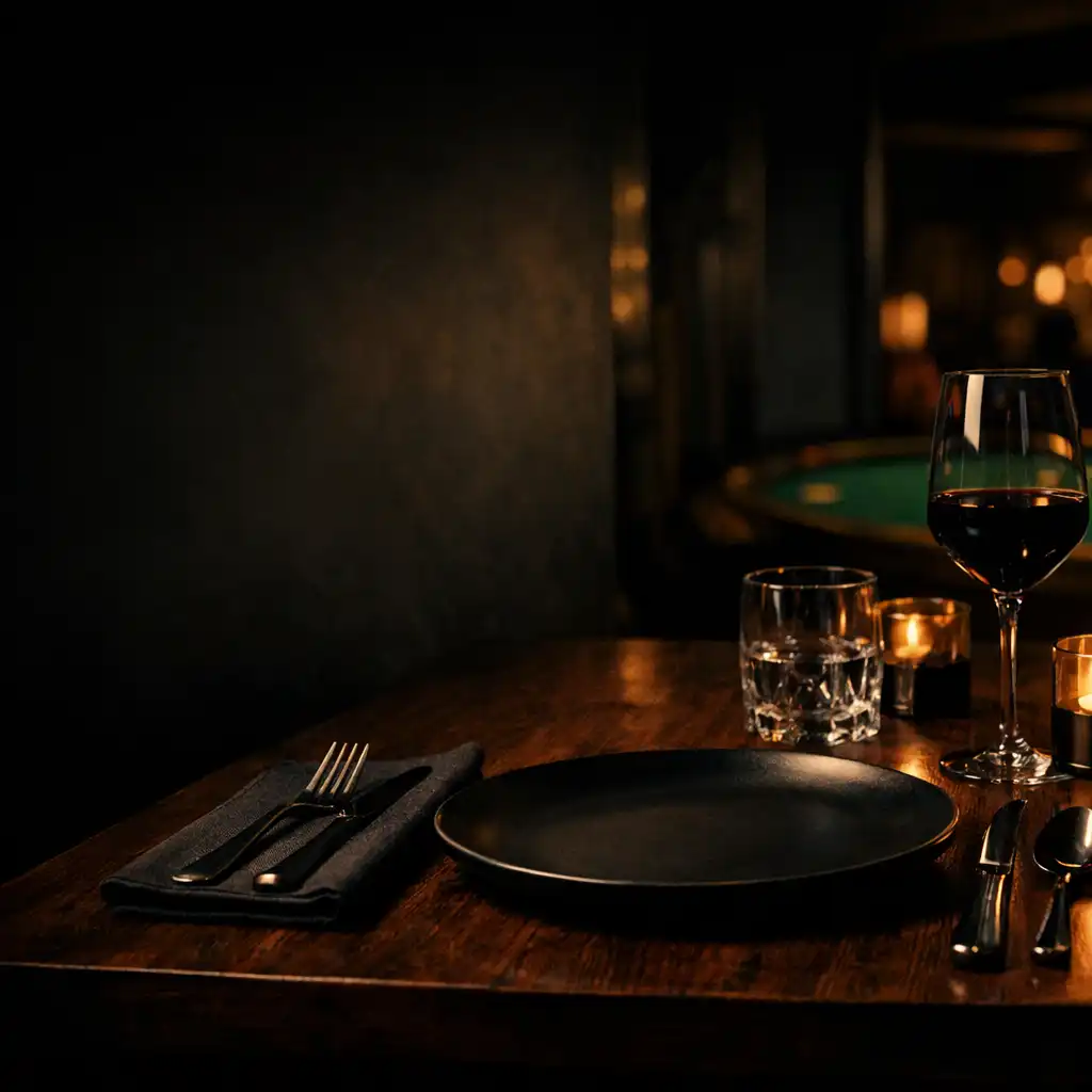 Dimly lit steakhouse table setting with warm light and a subtle green felt detail
