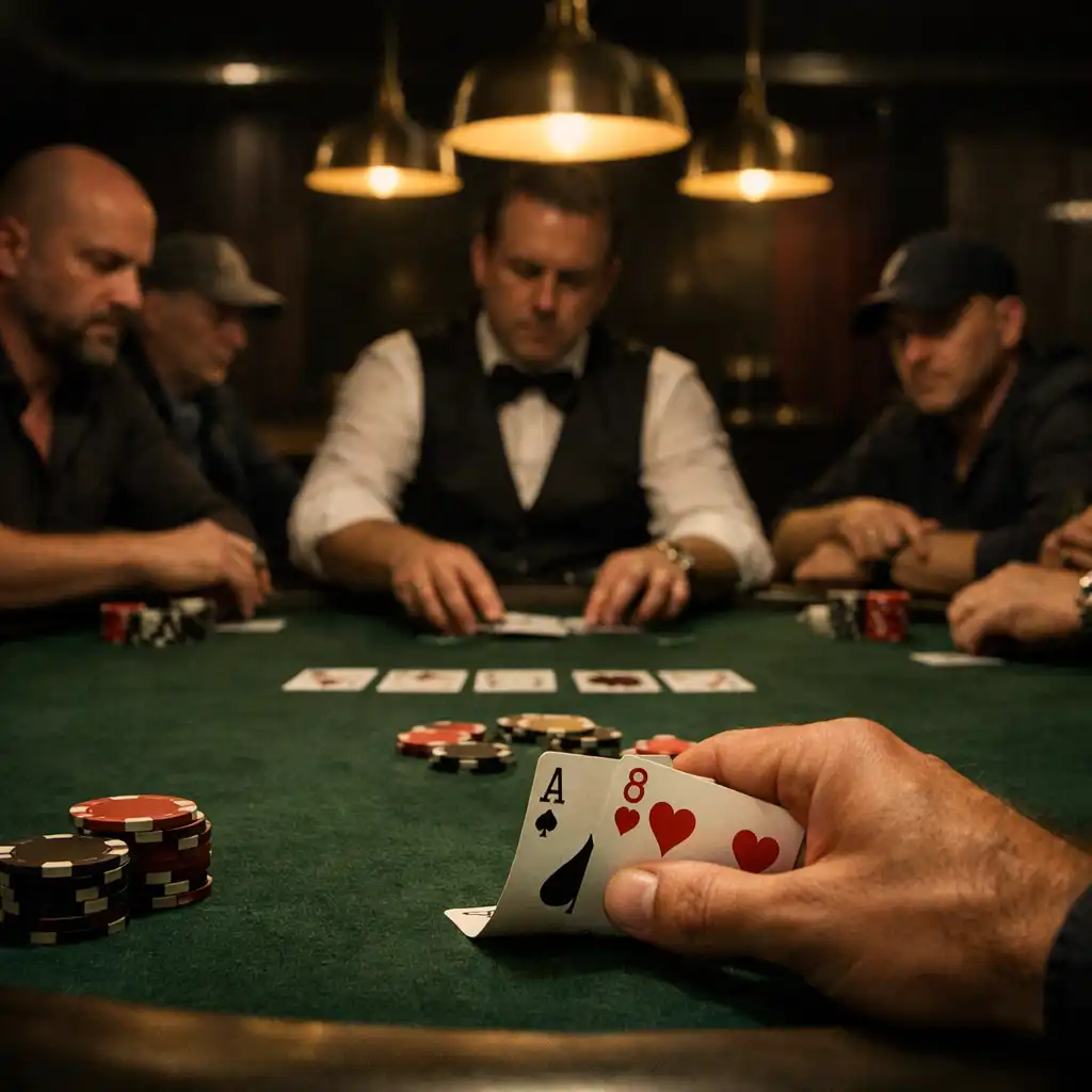 Focused adult players seated around a green felt poker table