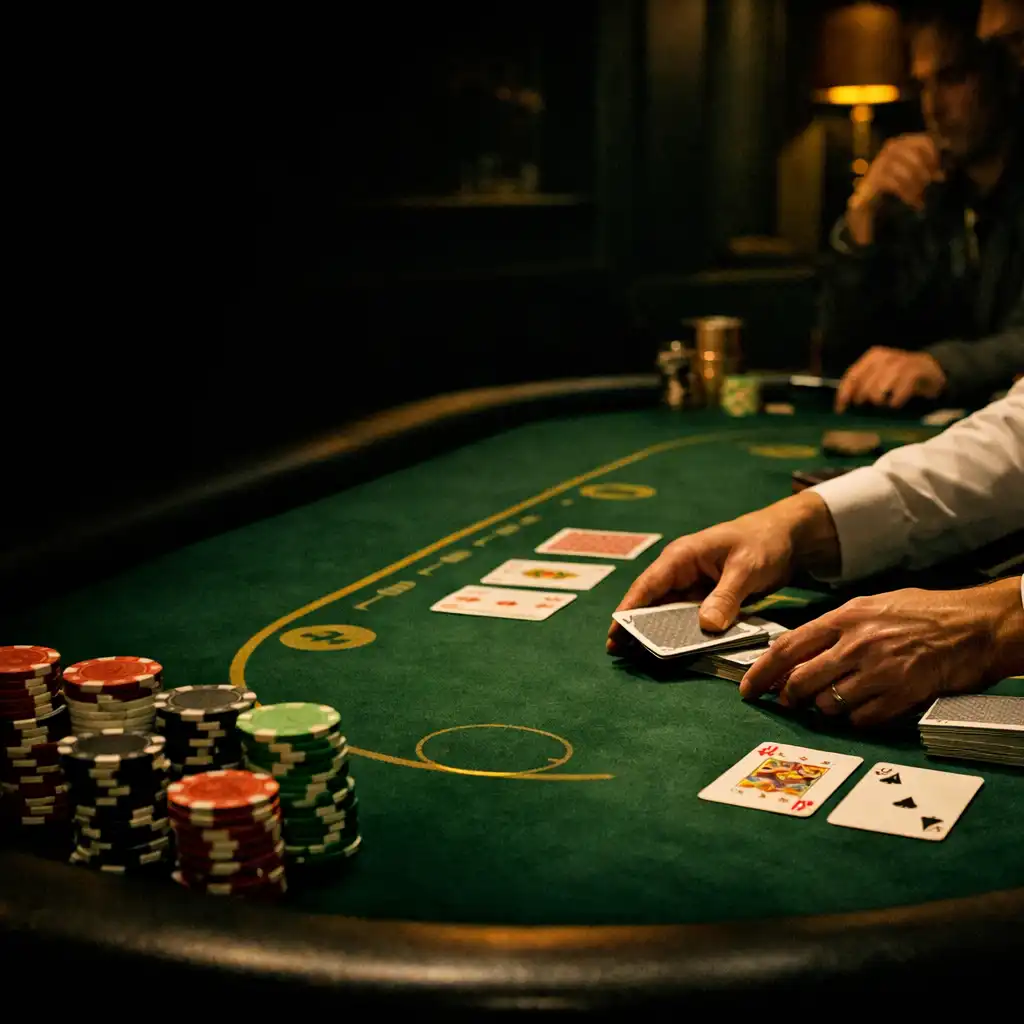Dealer hands dealing real cards across green felt beside poker chips