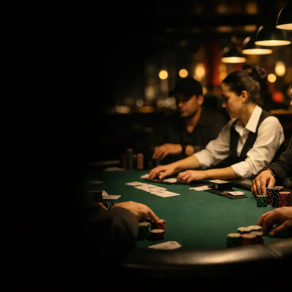 Focused players and dealer gathered around a green-felt poker table