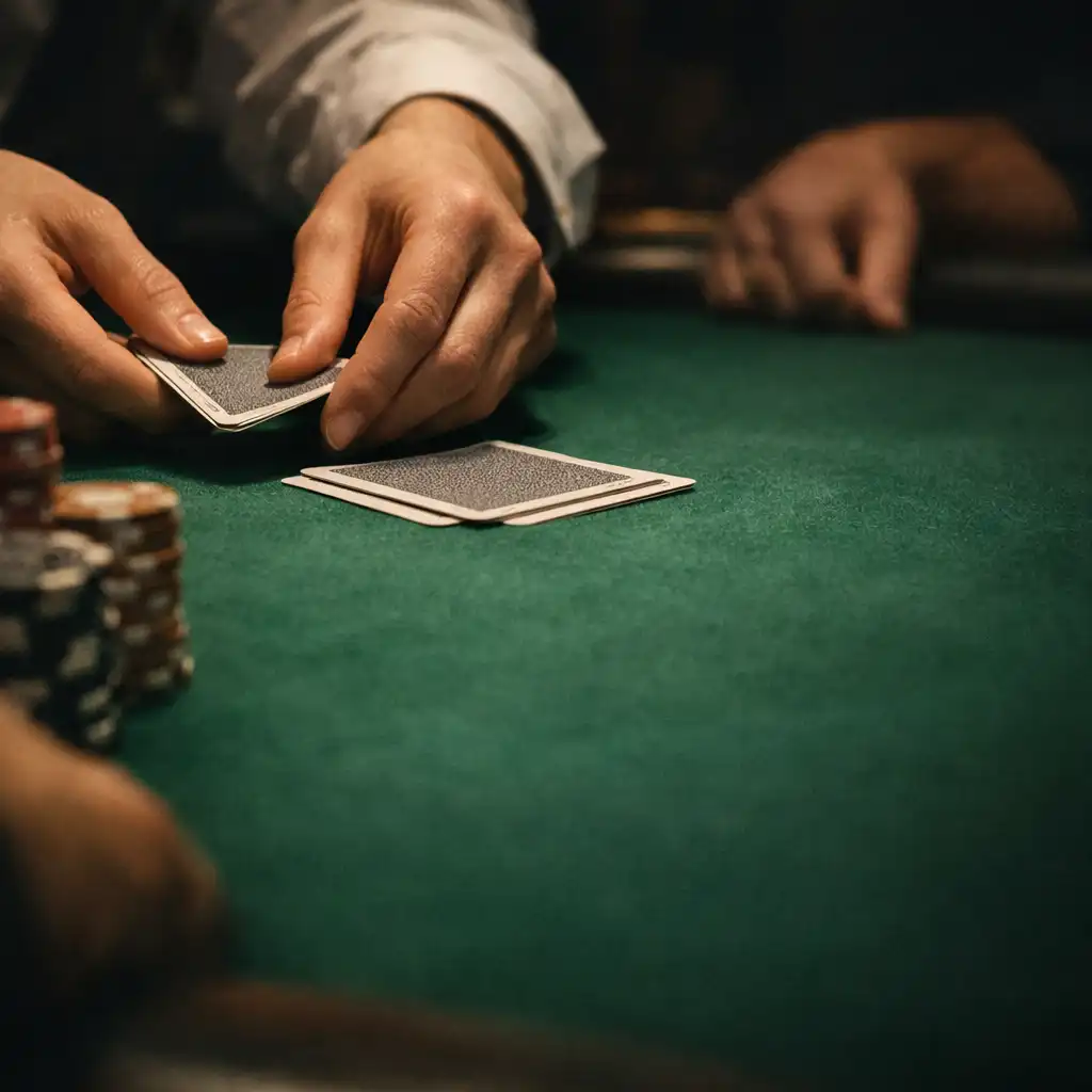 Dealer hands placing cards on green felt beside organised poker chips