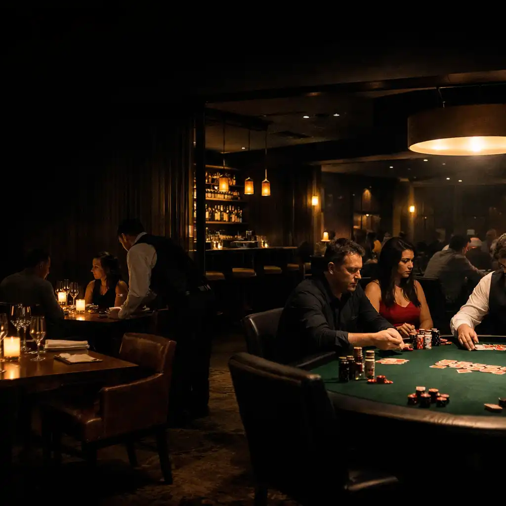 Dining tables leading visually toward a green felt poker room after dark